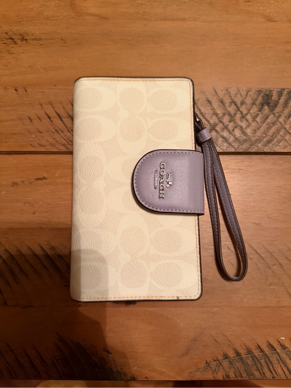 Coach Beige Signature Phone Wristlet with Lavender Strap and Snap
